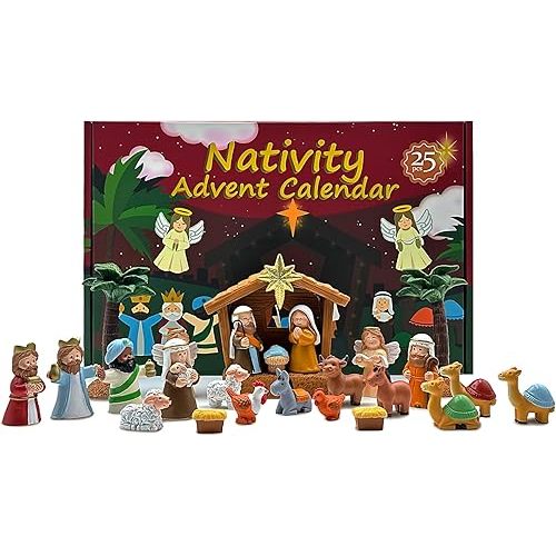 Nativity Set Advent Calendar 2025, for Kids Christmas Countdown Calendars with 25 Surprises Tabletop Scene Figurine Décor with Lighted Xmas Gift for Boys and Girls