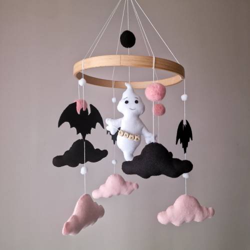 Baby mobile personalized, bat mobile, ghost baby, black and white newborn toys, Halloween nursery decor, newborn gift, goth baby shower gift