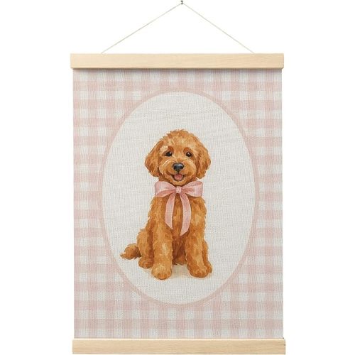 FISWAFY Coquette Pink Bow Goldendoodle Dog Poster Hanger Frame, Goldendoodle Gifts for Women, Coquette Preppy Pink Checkered Dog Wall Art for Girls Bedroom Dorm Apartment, 12x16 Inch