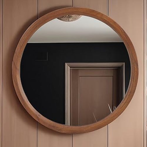MAGFLERUM 28 Inch Round Wood Circle Mirror - Boho Style Wall Decor for Bedroom, Living Room, Hallway (Brown)