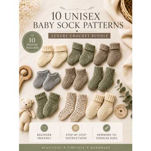 Crochet Baby Sock Patterns Bundle, 10 Unisex Newborn Toddler Socks PDF Tutorial