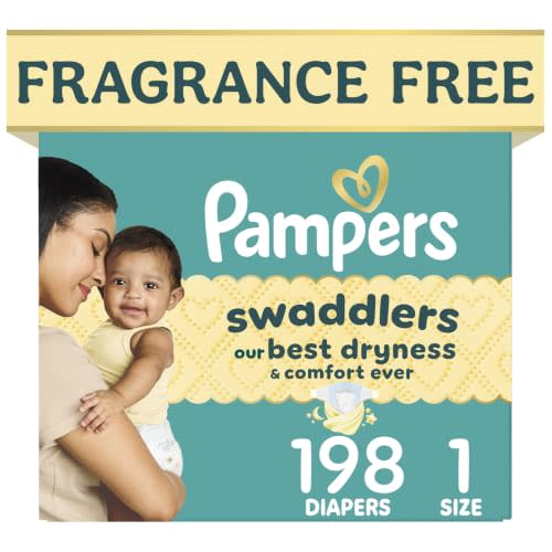 Pampers Swaddlers Diapers, Size 1 (8-14 lbs), 198 Count, Fragrance Free, Hypoallergenic, Absorbent, Pediatrician Recommended, Skin Safe