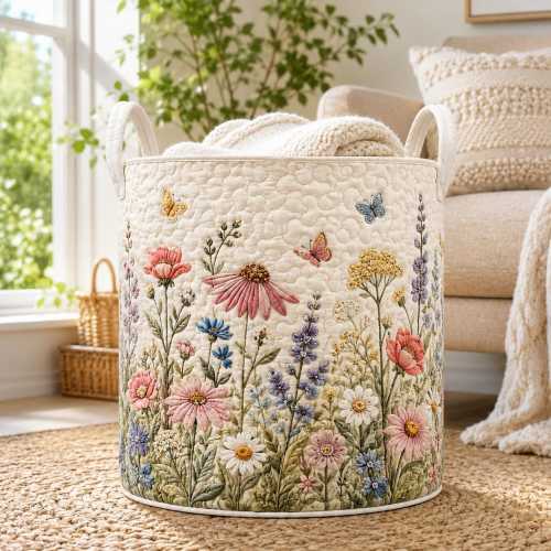 Boho Flowers Quilted Laundry Basket: Large Floral Fabrics Hamper, Foldable Family Storage Bin