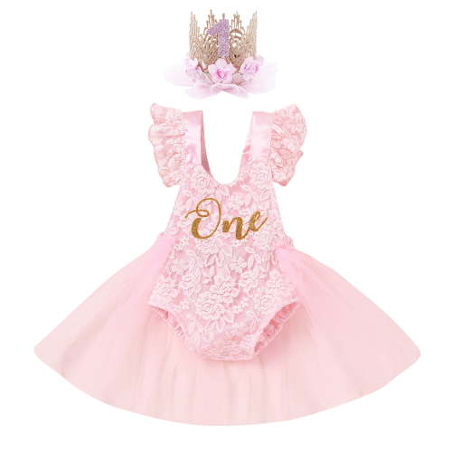 FYMNSI Newborn Infant Baby Girl Lace Romper 1st Birthday Cake Smash Outfit Princess Tutu Tulle Dress Bodysuit Flower Crown Headband 2pcs Set 12-18 Months Pink