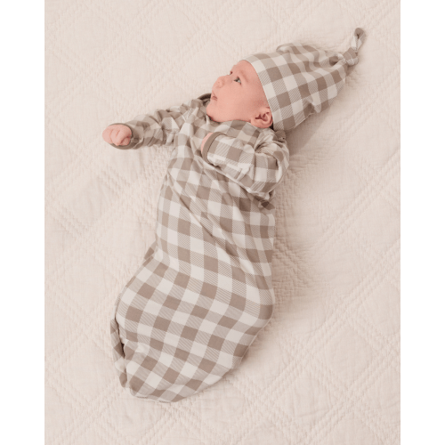 Cozy Bamboo Baby Gown & Hat | Taupe Gingham - Kindred Bravely