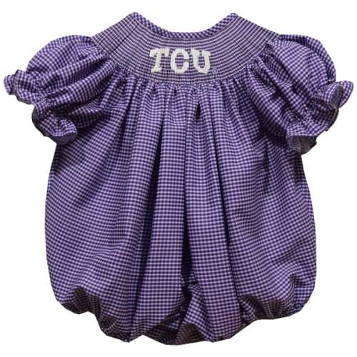 Vive La Fete TCU Horned Frogs Girls Infant Purple Gingham Smocked Bishop Bubble Dress