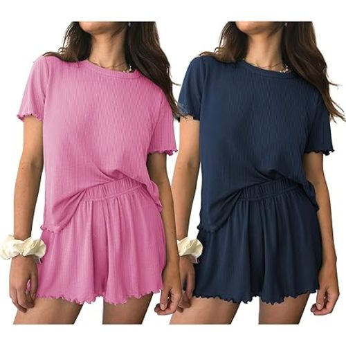 Ekouaer 2 Packs Womens Pajama Set Short Sleeve Sleepwear Soft Top and Shorts Pjs Casual Outfits Lounge Set with Pockets