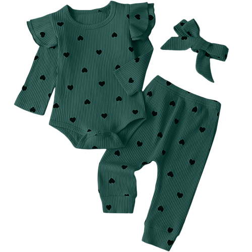 Curenmufel Baby Girl Winter Outfits Newborn Baby Girl Fall Outfit Cute Ribbed Ruffle Long Sleeve Romper Pants Set Winter Infant Clothes 0 3 6 9 12 18 24 Months (Green,3-6 Months)