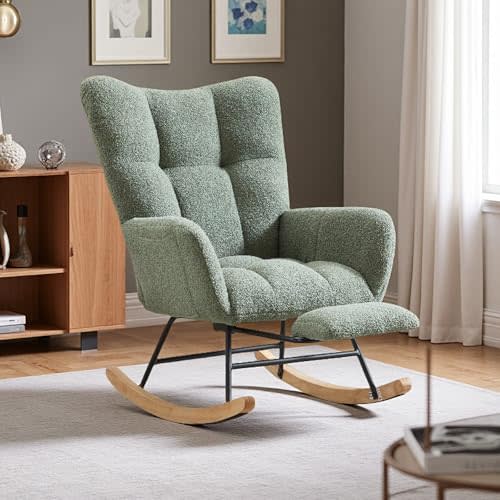 Teddy Fabric Rocking Chair, 35.4" Plush Glider with Anti-Slip Base - Sturdy Iron & Wood Frame, Comfort Rocker for Living Room, Bedroom, Nursery (Green Teddy Fabric)
