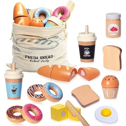 Wooden Bakery Playset Food Toys, Kids Pretend Play Food Baking Set Kitchen Accessories with Storage Bag, Pretend Play Bread Cutting Food for Boys Girls 3+