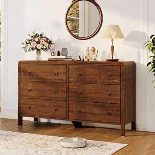 Garvee 6 Drawer Dresser for Bedroom, 47" Wide Wooden Chest of Drawers with Metal Handles, Modern Storage Organizer for Living Room, Hallway, Walnut