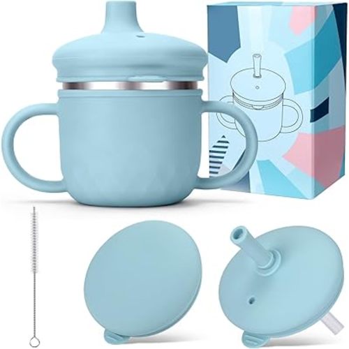 BUSOHA Stainless Steel Sippy Cups - 3 IN 1 Silicone Sippy Cup for Toddlers Baby Straw Cup with Brush Kids Cups with Lid and Silicon Straw Anti-Drop Spill Proof Cups for Travel,8 oz, Blue