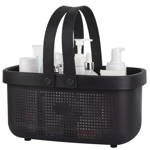 Portable Shower Caddy Basket with Handles Plastic Storage Basket Black | Sturdy Drainage Large Capacity Organizer Basket with Silicone Handles for Bathroom Kitchen Bedroom College Dorm Essentials