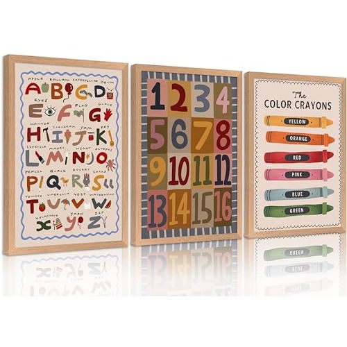 VZKRHPGA 3Pcs Baby Boy Nursery Wall Art Colorful Crayon Letters And Numbers Painting Picture Wall Decor Bohemian Style Nursery Poster Print Artwork for Kids Boys Room Bedroom Decorate, Framed