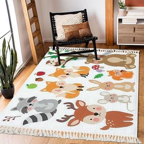Boho Rug Cute woodland forest animals including a bear foxes deer raccoon Scandinavian Chic Area Rug Washable Hallway Runner Rug Minimalist Floor Mat for Living Room Bedroom Playroom Nursery Decor