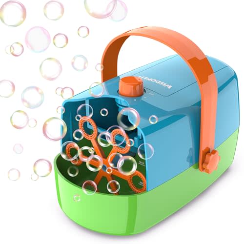 Wisdomlit Bubble Machine, 3-in-1 Bubble Maker, Automatic Bubble Blower with 3 Bubble Wands, 8000+ Colorful Bubbles for Kids Toddlers, Operated by Plug-in or Batteries for Indoor Outdoor Birthday Party