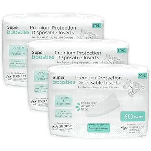 Overnight Diaper Leak Stopper, Super Boosties Disposable Inserts, Use with Pampers Sizes 4-6, Honest Hybrid Diaper Cover Sz M&L, Amazing Baby Cover Sz 3&4, Pocket-Sling Compatible, 4.3x13 in, 90 count