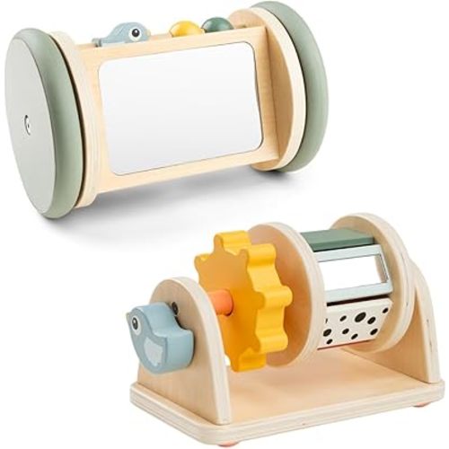 Done by Deer Wooden Spinner Activity Toy and a Rolling Activity Mirror for Tummy Time and Crawling Development – Birdee