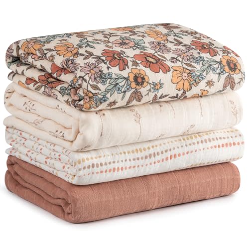 CIVARUA KIDS Muslin Swaddle Blankets for Newborn, 4 Pack Cotton Baby Blanket, Large 31.5 x 43.3 inch Breathable Soft Receiving Blanket, Essentials Swaddle Wrap Burping Clothes, Vintage Flowers