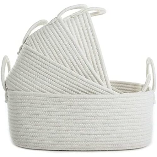 Storage Baskets Set of 4 - Woven Basket Cotton Rope Bin, Small White Basket Organizer for Baby Nursery Laundry Kid's Toy