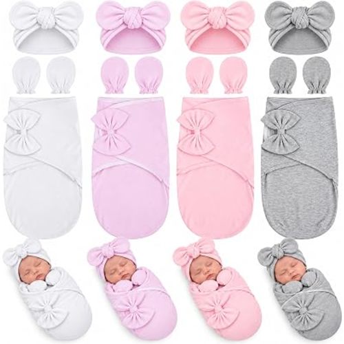 4 Pack Baby Swaddle Blanket with Hats Mittens, 0-3 Months, Pure Style
