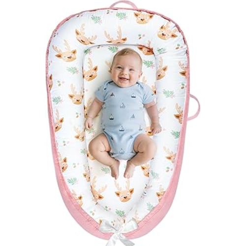 Baby Lounger - Baby Lounger for Newborn 0-24 Months, Breathable and Soft Cotton Cover Baby Nest, Portable Cozy Tummy Time Lounger for Home and Travel, Ideal Baby Essentials & Shower Gifts