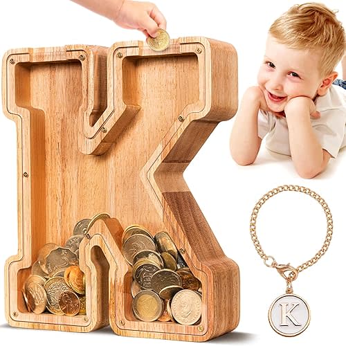 SummiDate Wooden Letter Piggy Bank for Kids| Piggy Bank for Boys Girls Toddler| Alphabet K Money Bank| Personalized Initial Wood Coin Bank Birthday for Kids (K)