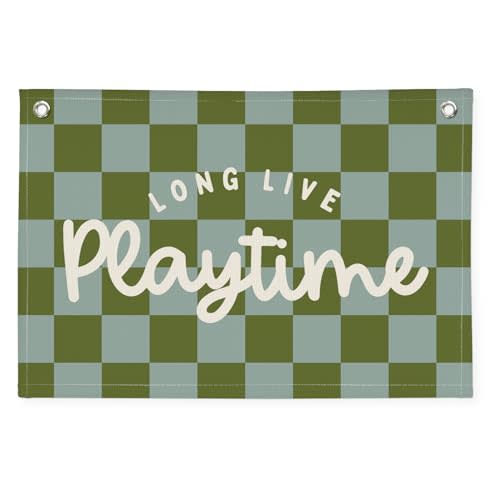XYDEG Playroom Decor Long Live Playtime Banner, Green And Blue Checkered Pattern Banner Linen Hanging Banner Flag for Nursery Toddler Room, Boys Girls Kids Room Decor,Classroom Decorations 30x20