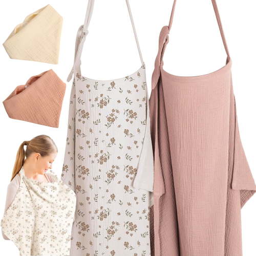 Muslin Nursing Covers for Breastfeeding W/Rigid Hoop,2-Pack Cotton Breathable Nursing Cover for Breastfeeding Moms,Multi-use Stroller Cover Include Two Baby Bibs