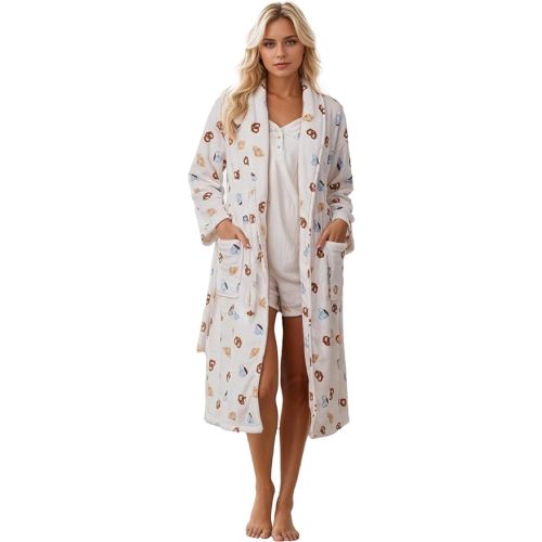 Women Fleece Fruit Print Robe Cute Robes for Women Spring Summer Lightweight Bathrobe Soft Flannel Gown with Belt