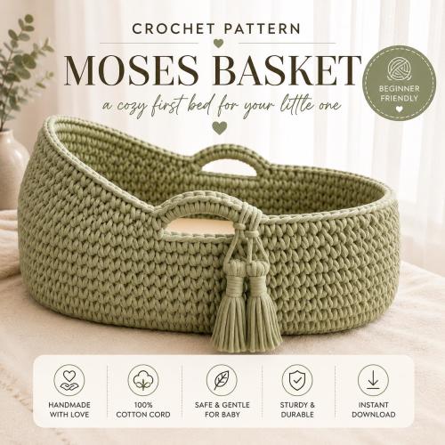Crochet Moses Basket Pattern PDF, Baby Bassinet Crochet Pattern, Cotton Cord Basket Tutorial, Digital Download, Nursery Basket Pattern