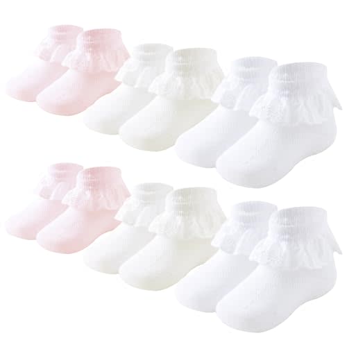 Mini angel Baby Girls Socks Eyelet Ruffle Lace Frilly Dress Socks for Newborn Infant Toddler 3/6 Pairs