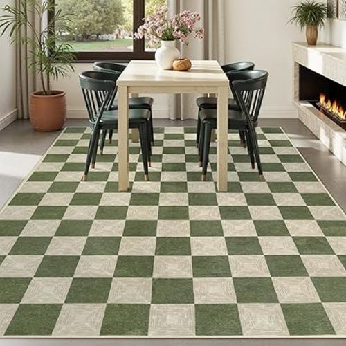 7x9 Green Checkered Area Rug for Living Room, Machine Washable Non-Slip Farmhouse Carpet, Low Pile Stain-Resistant Checkerboard Large Rug for Bedroom or Dining Room