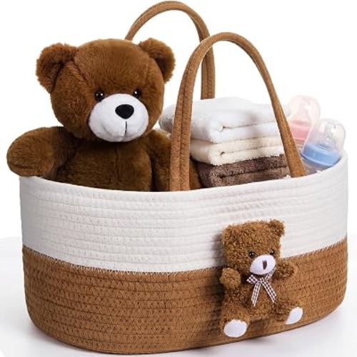 FoldTier Diaper Caddy Organizer Teddy Bear Basket for Nursery with Handle Baby Shower Storage Bin Portable Cotton Rope Gift Bag for Changing Table Cart Car Baby Wipes Newborn Essentials (White Brown)