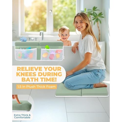 Comfortable Baby Bath Kneeler and Elbow Rest Pad Set – Thick Memory Foam Bath Kneeling Pad with Elbow Support – Baby Bathtub Cushion with Toy Organizer for Bathing Infant or Toddler - Green
