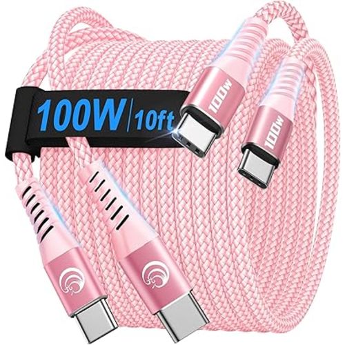 USBC to USBC 100W [10ft/2 Pack] USB C to USB C Fast Charging Cable Braided C to C Charger Cord for MacBook Pro/Air, iPhone 16 15 Pro Max Plus,iPad Pro,Samsung Galaxy S25 Ultra S24 S23,Pixel,PS5,Switch