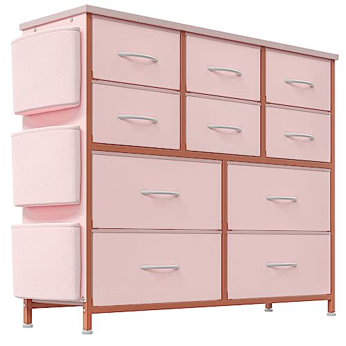 10 Drawers Pink Dresser for Bedroom - Chest of Drawers with Side Pockets and Hooks, Fabric Dresser for Bedroom with Sturdy Metal Frame and Wooden Top, Living Room, Hallway