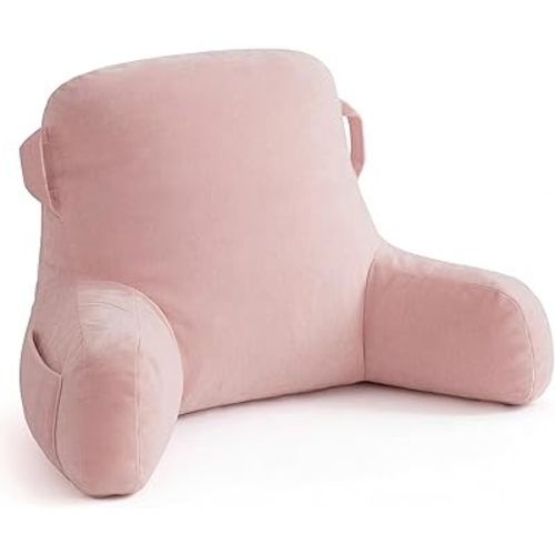 Unisakey Portable Reading Pillows with Headrest for Bed Sitting Up(Pink Oeko-Tex), Velvet Back Pillow with Arms & Pockets for Adults, Support Memory Foam Bed Pillow for Dorm/Reading/Watching/Gaming