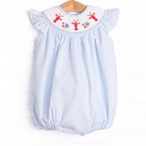 Maine-land Lobster Smocked Bubble, Blue Seersucker – Stitchy Fish