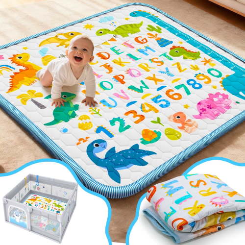 WonderStone Baby Play Mat for the Floor, 50" x 50" Tummy Time Mat, Dinosaur Playpen Mat for Babies, Toddlers, Infants 0-36 Months (White)