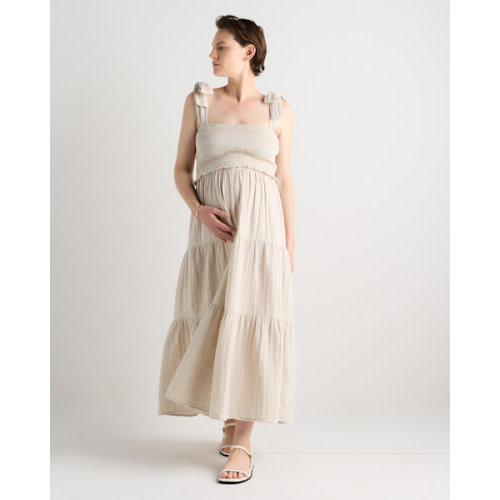 100% Organic Cotton Gauze Smocked Sleeveless Midi Dress - Maternity in Khaki Gingham