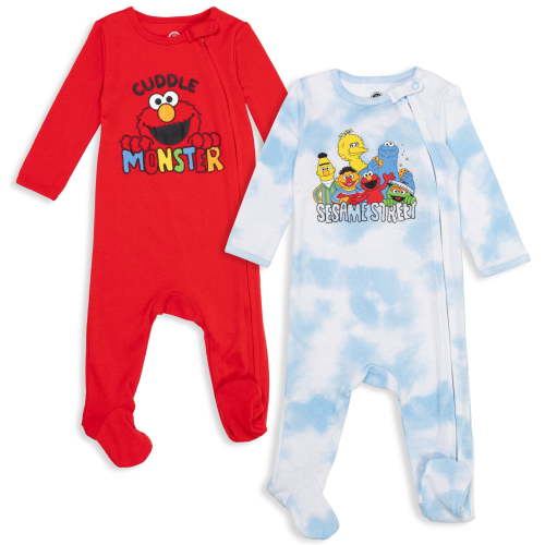 Sesame Street Elmo Cookie Monster Big Bird Newborn Baby Boys 2 Pack Zip Up Sleep N' Plays Newborn to Infant