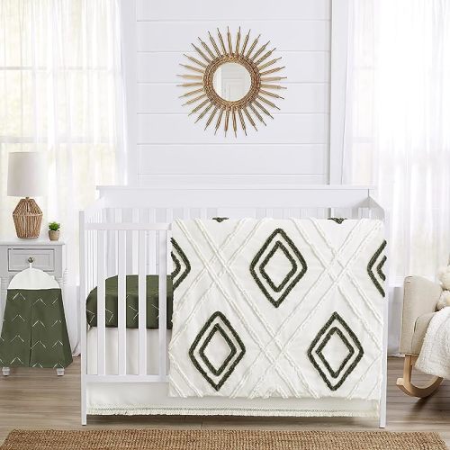 Sweet Jojo Designs 4-Piece Baby Crib Bedding Set (Boho Chic) for Boys or Girls, Infants/Nursery incl. Cotton Blanket, Fitted Sheet, Skirt, Diaper Stacker (Sage Green, Gender Neutral, Unisex Farmhouse)