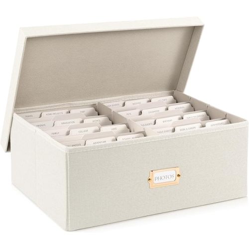 Decorative Photo Storage Box - Sturdy Linen Photo Organizer with Dividers is Perfect to Store Up to 1700 Pictures and 5x7 Photos - Portable Scrapbook Storage Containers with Lid