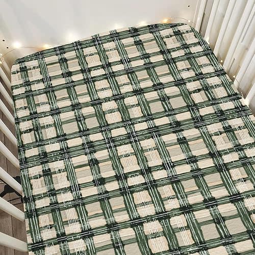 Watercolor Green Tartan Baby Crib Sheets for Boy Girl 28"x52" Vintage Green Plaids Soft Stretchy Fitted Crib Mattress Cover Checkered Baby Sheet for Standard Crib and Toddler Bed Mattress