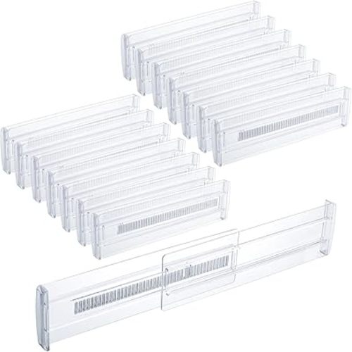 12 Pack Expandable Drawer Dividers Plastic 3.14" High Clear Adjustable Drawer Organizers Separators for Kitchen Utensils, Bedroom, Dresser, Office Organization and Storage
