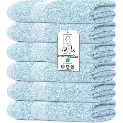 TEXCRAFT Large Bath Towels Set of 6 – 100% Cotton Terry – 24" x 50" – Quick Dry, Soft & Highly Absorbent – Sky Blue Towels for Bathroom, Gym, Spa, Pool & Daily Use