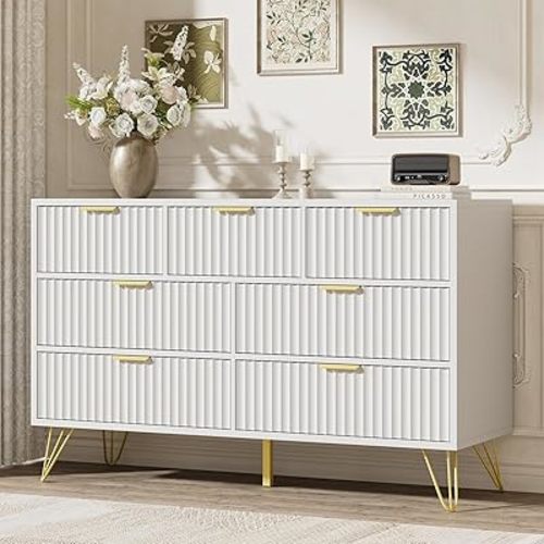 LYNSOM Fluted Dresser for Bedroom, White 7 Drawer Dresser with Gold Handles and Wide Drawers, Wood Chest of Drawers for Bedroom, Hallway