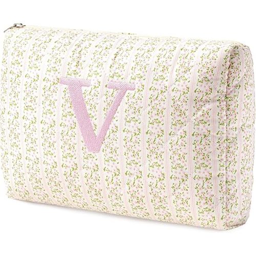 HBselect Initial Quilted Makeup Bag, Pink Cosmetic Travel Toiletry Bag, Flowers Coquette Zipper Make Up Pouch Organizer Teen Girl Gift Trendy Stuff V