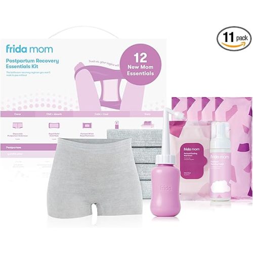 Frida Mom 11pc Postpartum Essentials Kit Gift Set, Hospital Bag Must Haves for New Mom, Includes 4 Disposable Postpartum Underwear, 4 Ice Maxi Pads, Perineal Healing Foam & 24 Pad Liners & Peri Bottle